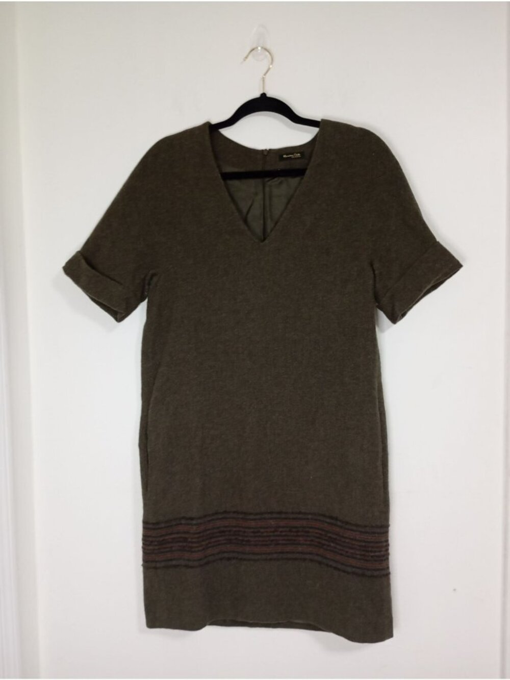 Massimo Dutti Wool-Blend Short-Sleeve V-Neck Dress Stripe Detail Size Small